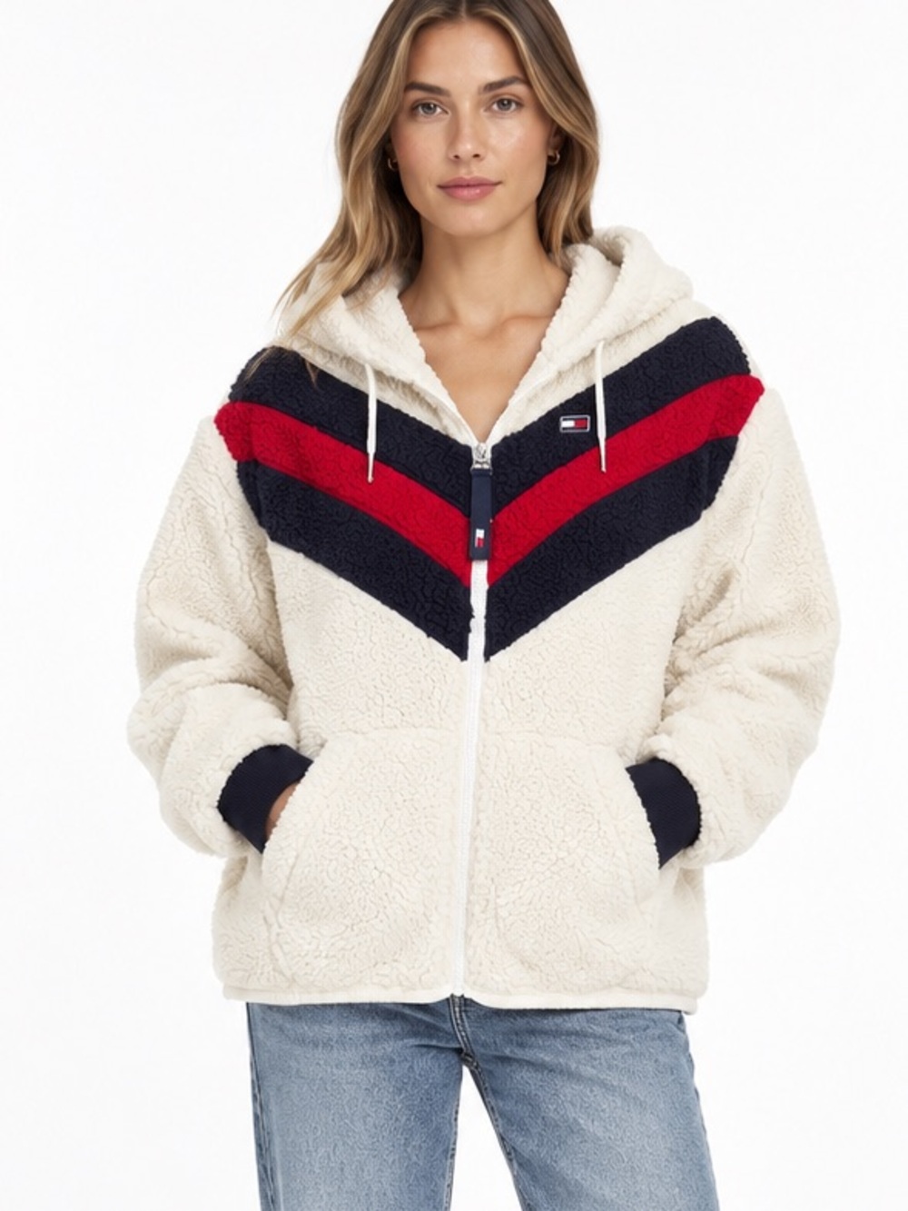 Tommy Hilfiger White Sherpa Jacket with Red & Navy Chevron sweater